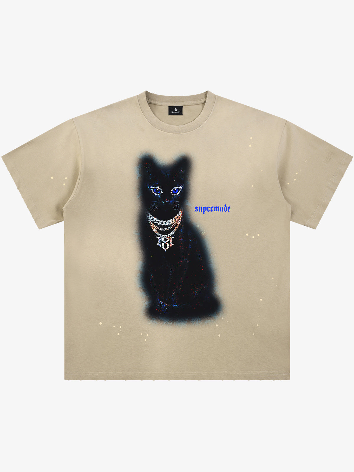 Cotton Black Cat Graphic T-Shirt with Chain Print and Splatter Design 