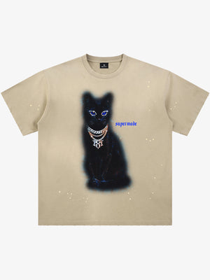Cotton Black Cat Graphic T-Shirt with Chain Print and Splatter Design 