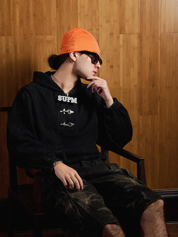 Vintage Washed Denim Metal Toggle Detail Pullover Hoodie