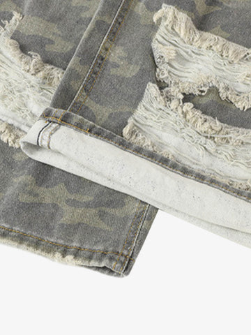 Thesupermade Camouflage Patchwork Ripped Cargo Jeans 