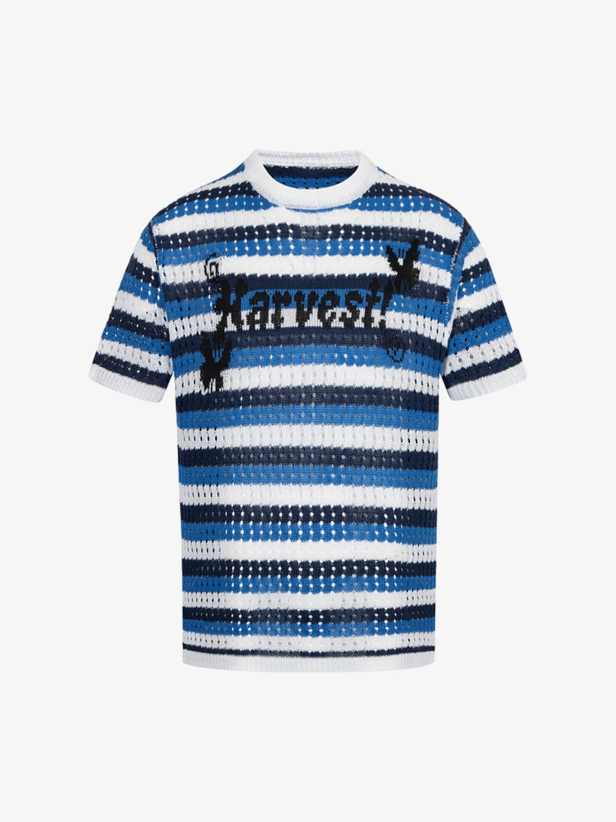 Contrast Striped Crochet Openwork Knit Short-sleeved T-shirt 