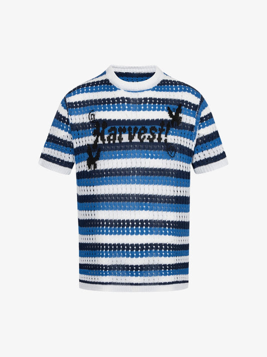 Contrast Striped Crochet Openwork Knit Short-sleeved T-shirt 