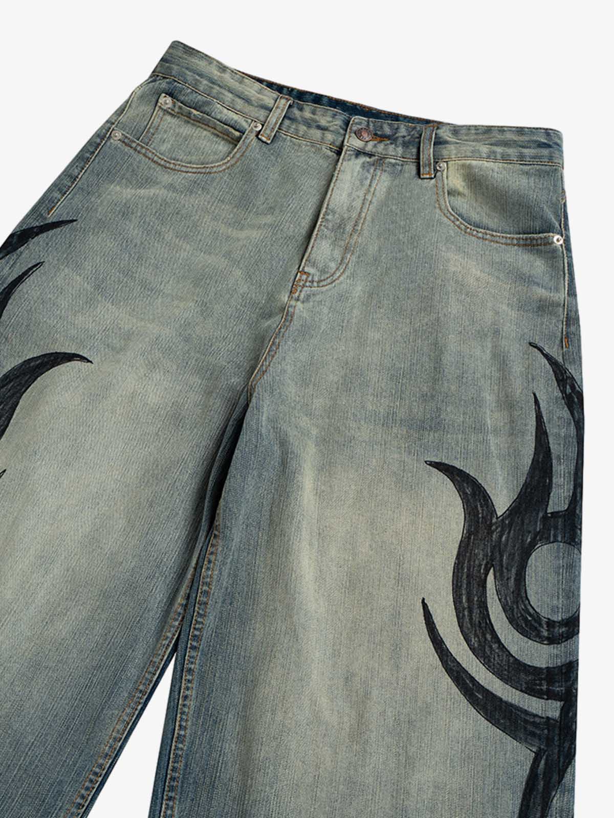 Unique Wide-Leg Denim Pants with Artistic Spider Design for Fashion Lovers 