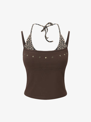 Leopard Print Halter Crop Top – Stretch Cotton with Gold Stud Detail