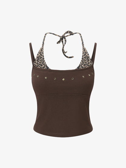 Leopard Print Halter Crop Top – Stretch Cotton with Gold Stud Detail
