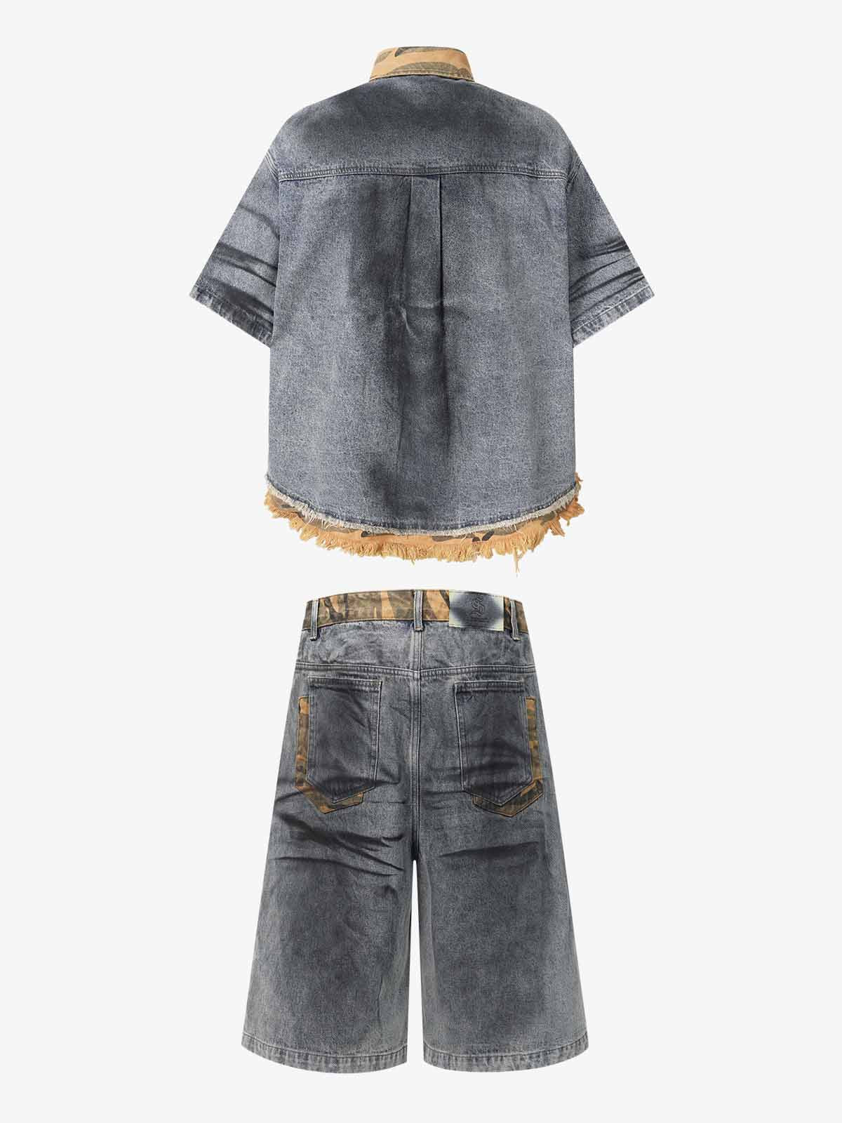 Camo-Trimmed Pleated Denim Utility Set 