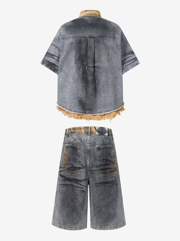 Camo-Trimmed Pleated Denim Utility Set 