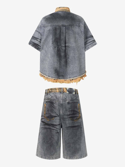 Camo-Trimmed Pleated Denim Utility Set 