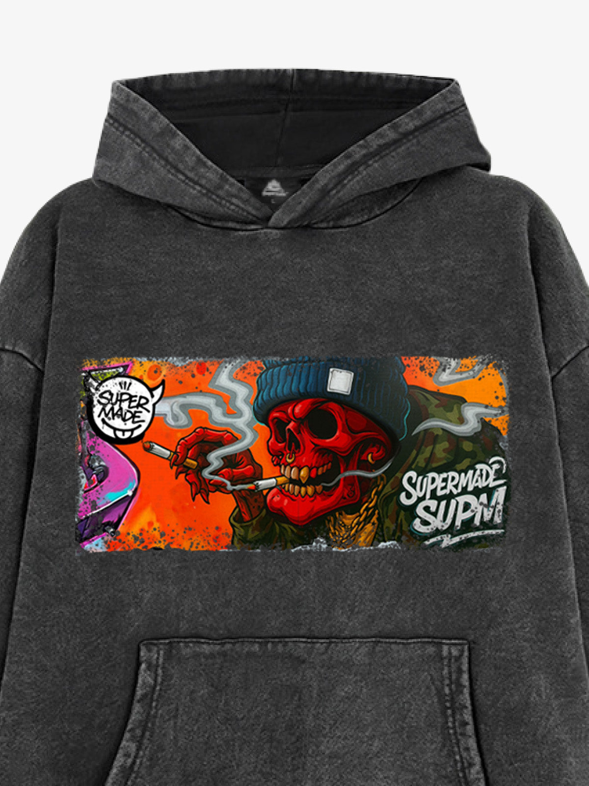 Thesupermade Distressed Blood-red Skull Graffiti Hooded Sweatshirt 