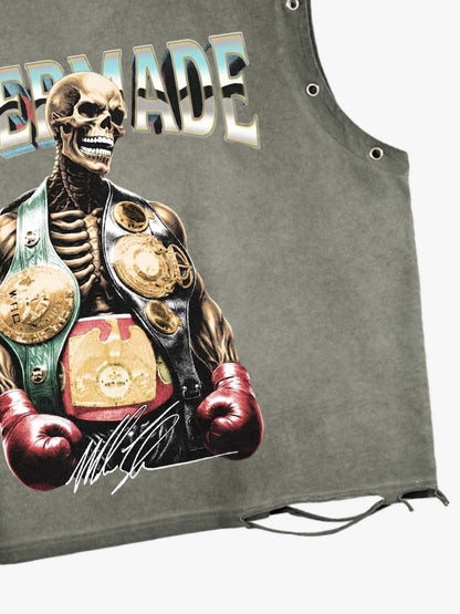 Distressed Sleeveless Tank Top with Punk Boxing Skull Print – Cotton Blend Grommet Detail Streetwear