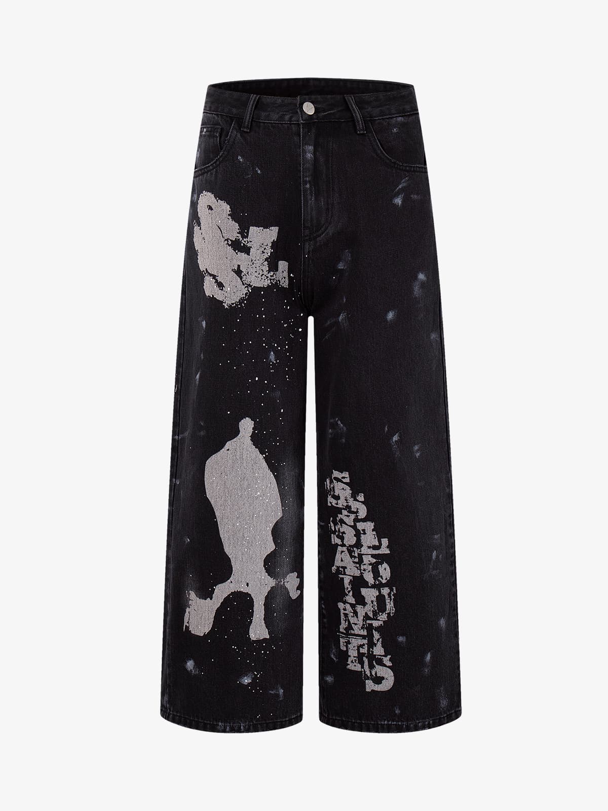 Retro Rhinestone Graffiti Washed Straight Jeans 