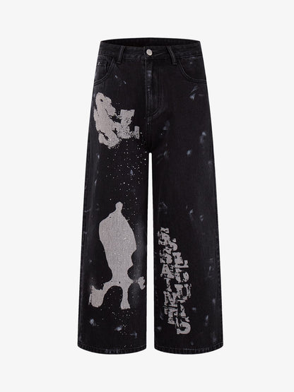 Retro Rhinestone Graffiti Washed Straight Jeans 