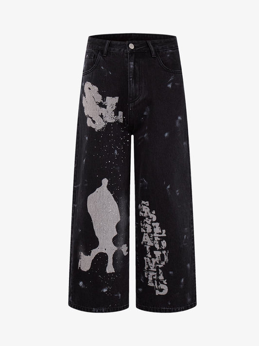 Retro Rhinestone Graffiti Washed Straight Jeans 