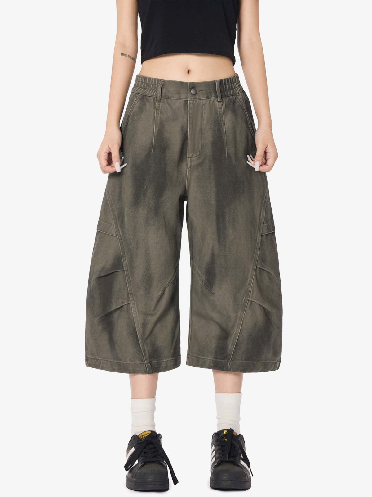 Olive Washed Wide-Leg Cargo Shorts