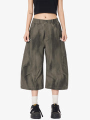 Olive Washed Wide-Leg Cargo Shorts