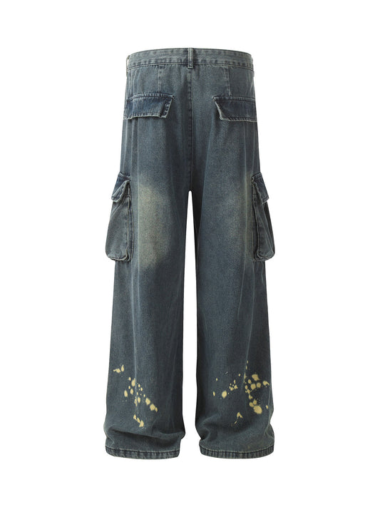 Spray-painted Reverse Pleated Cargo Jeans - 2293 