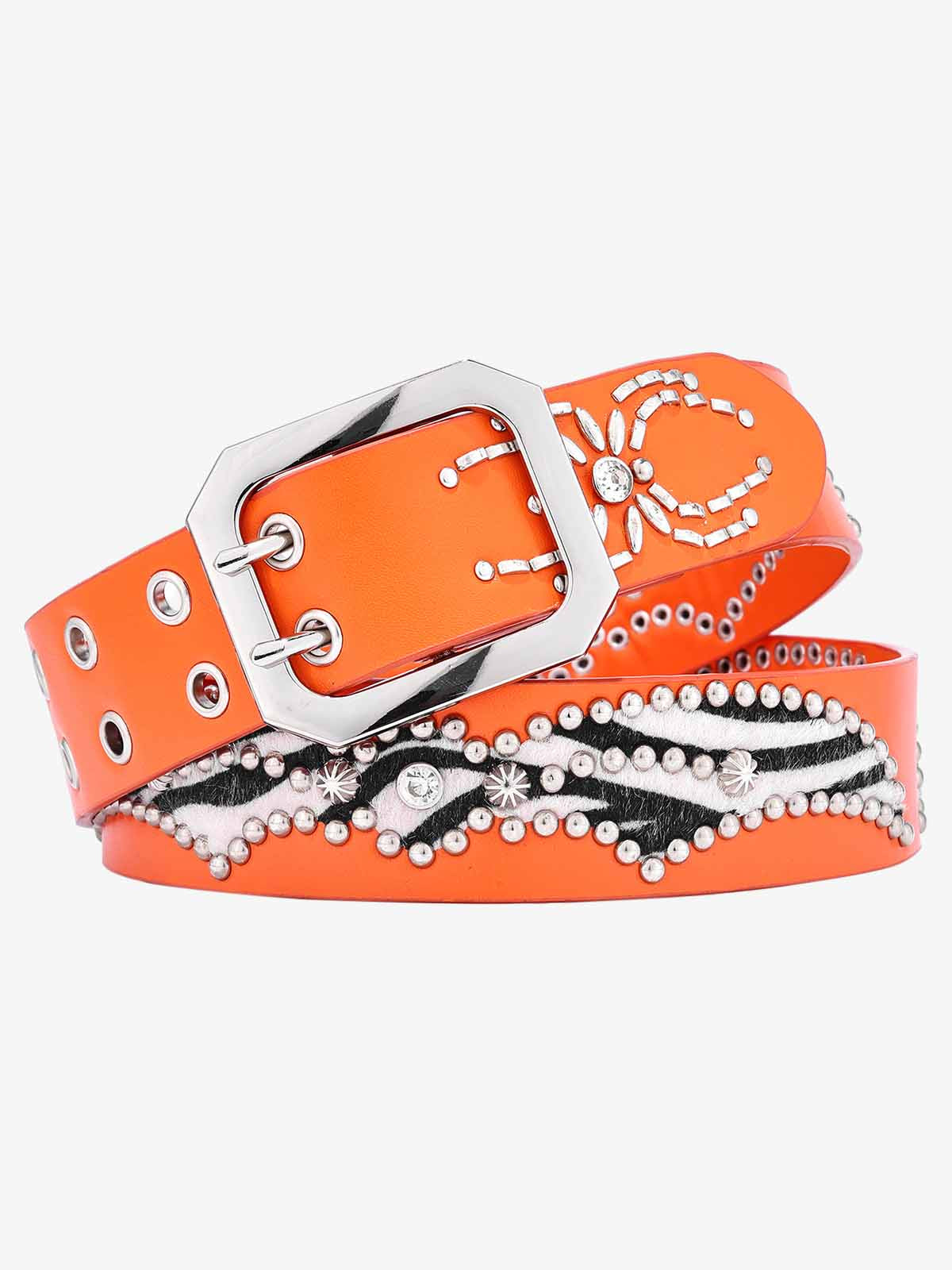 Stylish Zebra Print Studded Belt with Sparkling Crystal Accents 