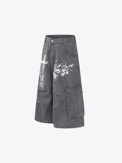 Gothic Cross Graphic Cargo Shorts 