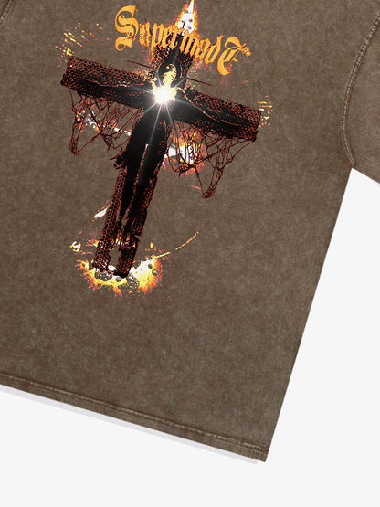 THE SUPERMADE Gothic Flame Cross Graphic T-Shirt for Bold Statement Wear 