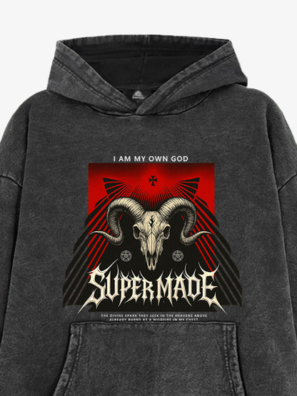 French Terry Supermade Dark Style Sheep Skull Hooded Sweatshirt 