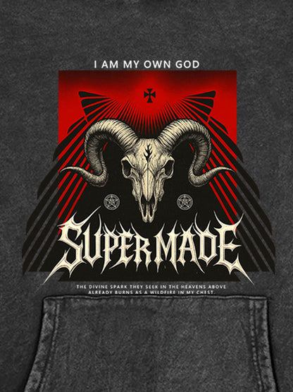 French Terry Supermade Dark Style Sheep Skull Hooded Sweatshirt 