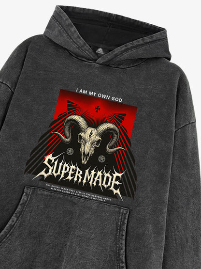 French Terry Supermade Dark Style Sheep Skull Hooded Sweatshirt 