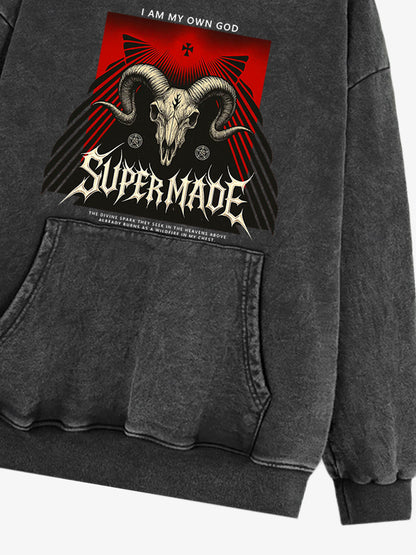 French Terry Supermade Dark Style Sheep Skull Hooded Sweatshirt 