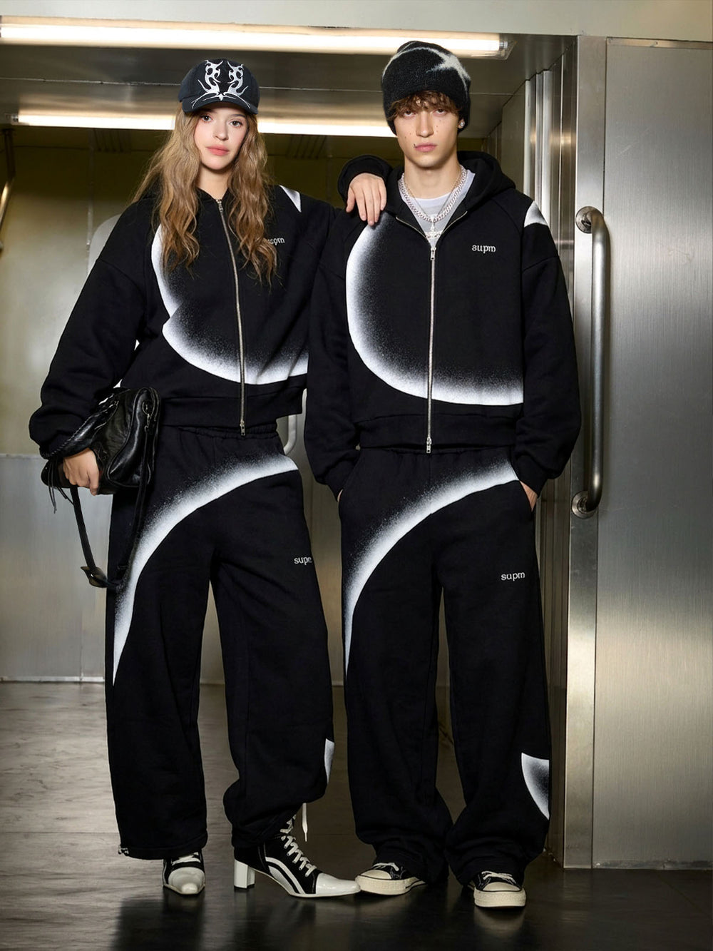 Curved Stripe Zip Hoodie & Wide-Leg Sweatpants Set