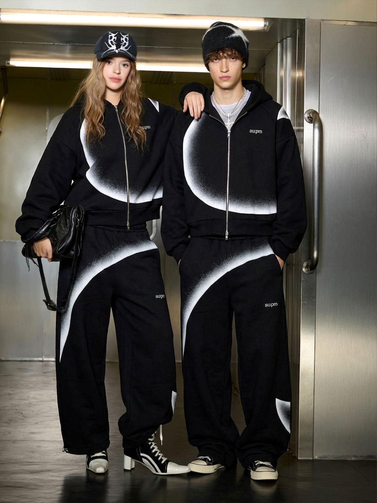 Curved Stripe Zip Hoodie & Wide-Leg Sweatpants Set