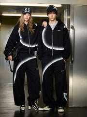 Curved Stripe Zip Hoodie & Wide-Leg Sweatpants Set