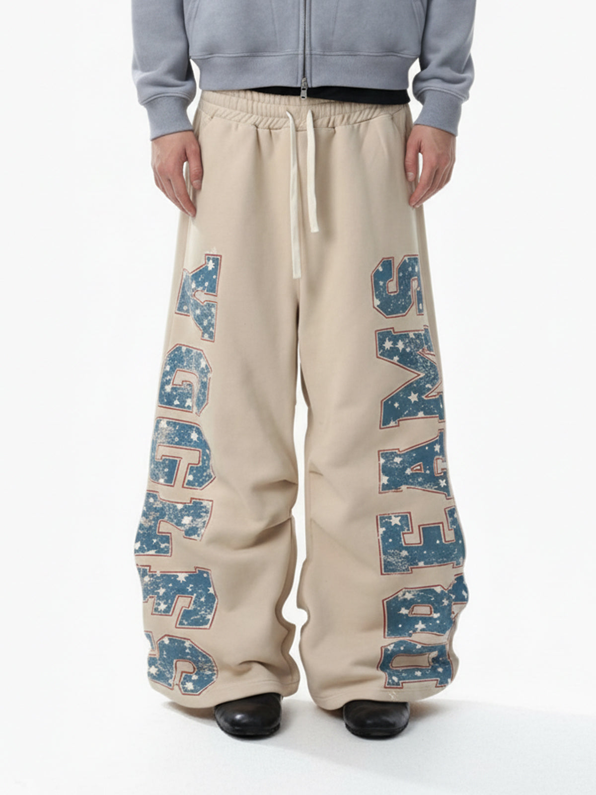 Retro Contrast Letter Print Fleece Wide-Leg Sweatpants 