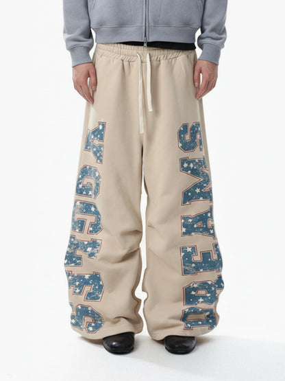 Retro Contrast Letter Print Fleece Wide-Leg Sweatpants 