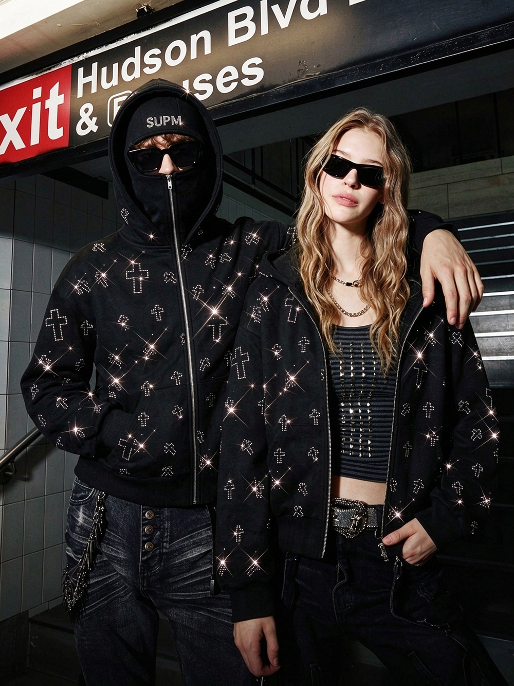 Sweatshirt mit Strass-Kreuz-Maskierung