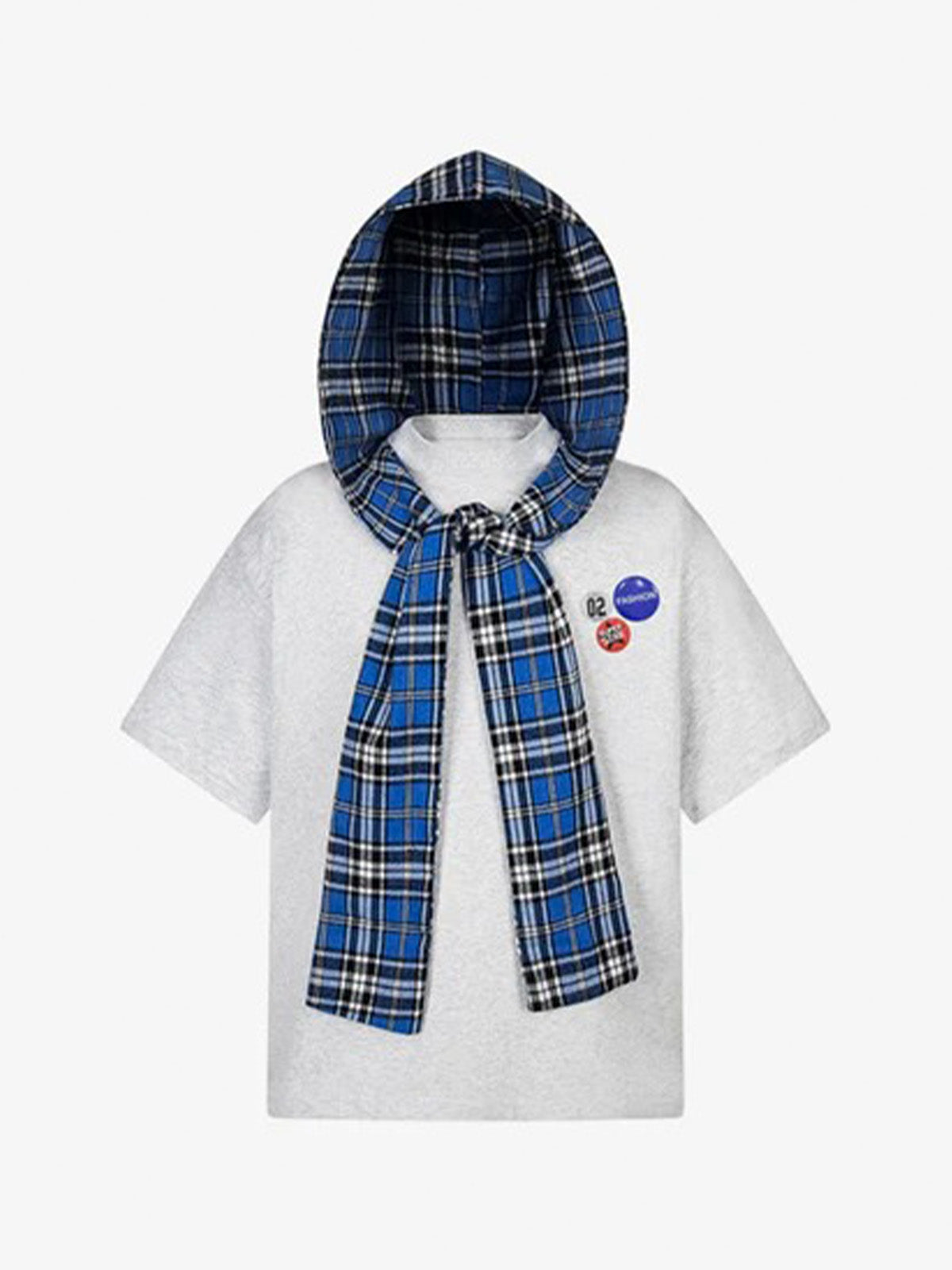 Detachable Badge Hooded Plaid Cape T-shirt 