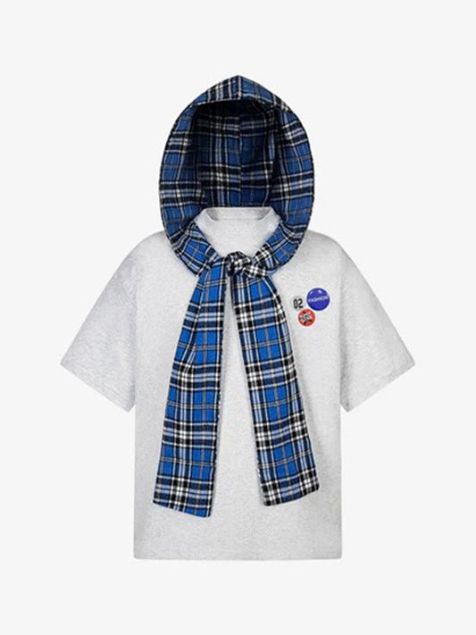 Detachable Badge Hooded Plaid Cape T-shirt 