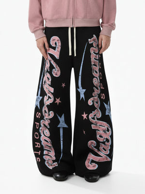 Retro Graphic Fleece-Lined Baggy Sweatpants 