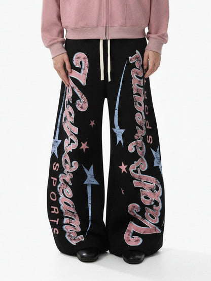 Retro Graphic Fleece-Lined Baggy Sweatpants 