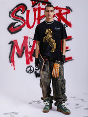 Vintage Wash Glitter Horse Pattern Splash Ink T-Shirt 