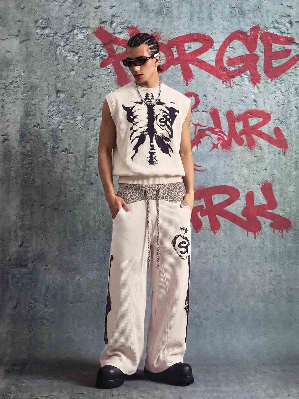 Vintage Skeleton Graphic Waffle Knit Sleeveless Vest 