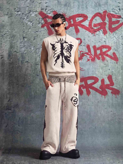 Vintage Skeleton Graphic Waffle Knit Sleeveless Vest 