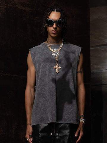 Cross-Print Distressed Washed Vest 