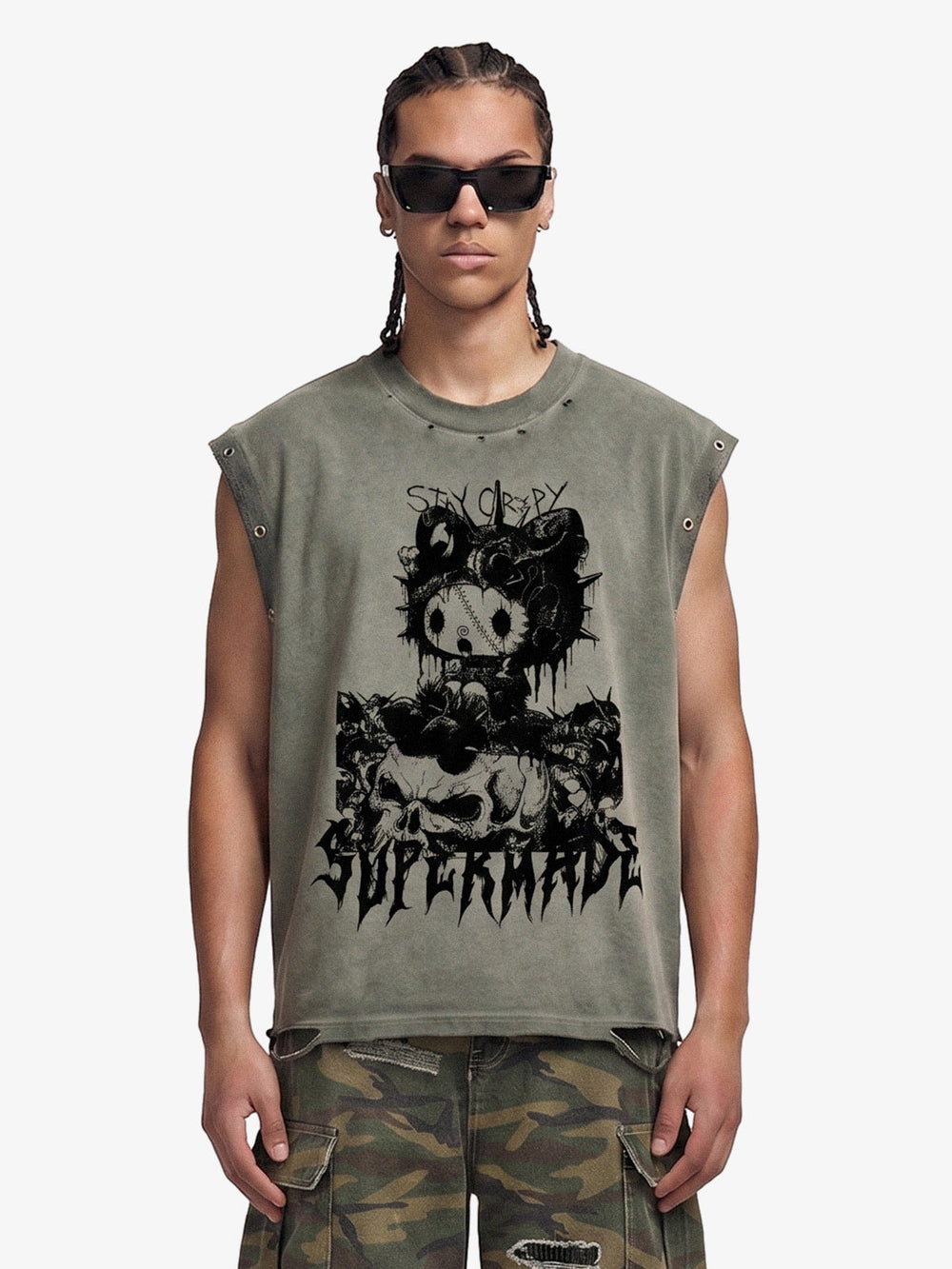 Vintage Washed Dark Cute Graphic Sleeveless T-Shirt 