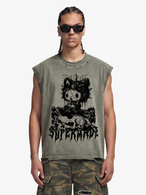 Vintage Washed Dark Cute Graphic Sleeveless T-Shirt 