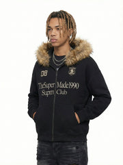 Letter Medal Embroidered Cardigan Fur Collar Zip Up Hoodie- 2502 