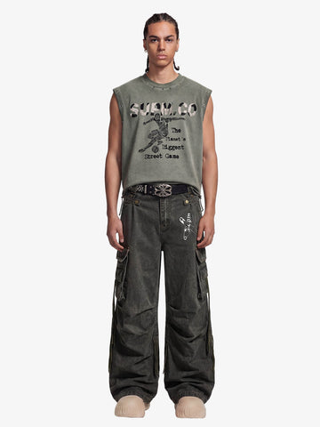 Washed Safety Pin Graphic Cargo Pants 