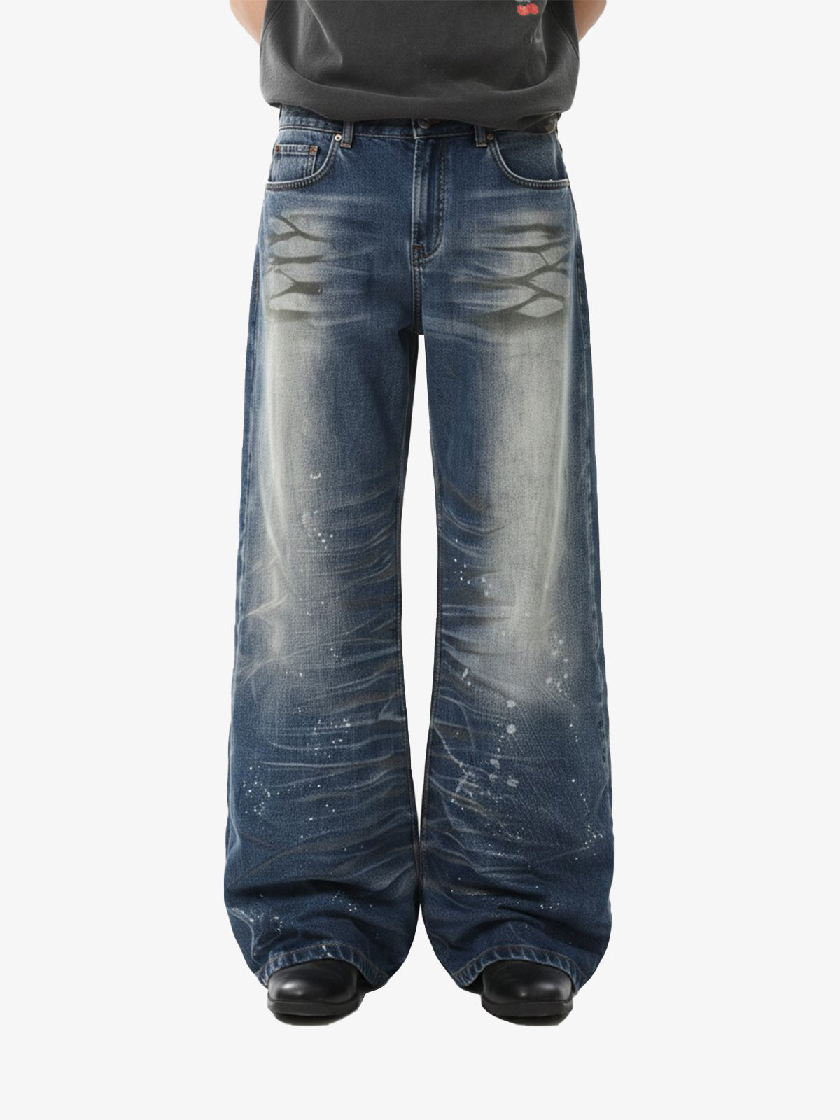 Distressed Washed Paint Splatter Wide Leg Jeans 