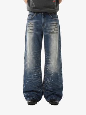 Distressed Washed Paint Splatter Wide Leg Jeans 