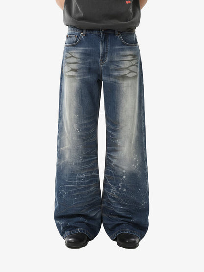 Distressed Washed Paint Splatter Wide Leg Jeans 