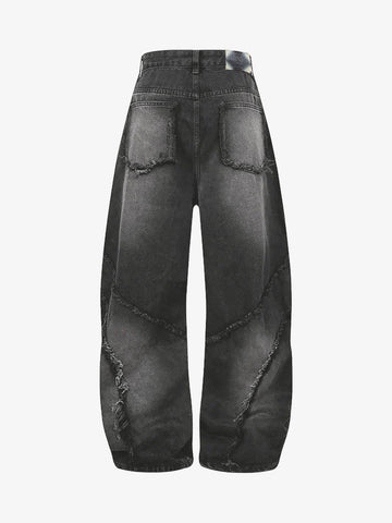 Washed Distressed Raw Edge Barrel Jeans - 2402 