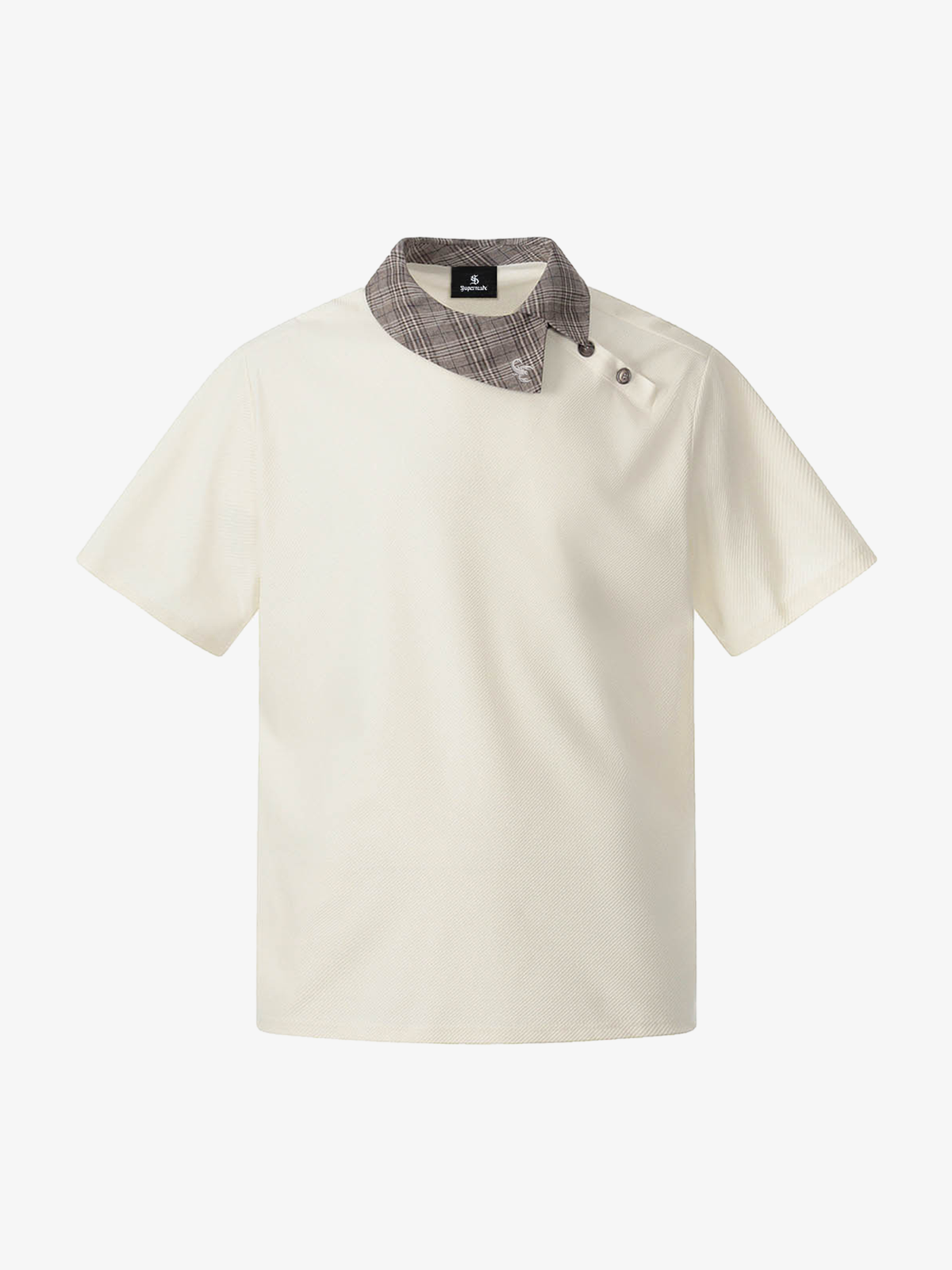 チェック柄襟、非対称ボタンのTシャツ